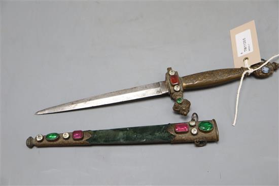 A replica brass cannon, a replica jewelled dagger (a.f), a Klik bridge marker and a cased game of Bezique